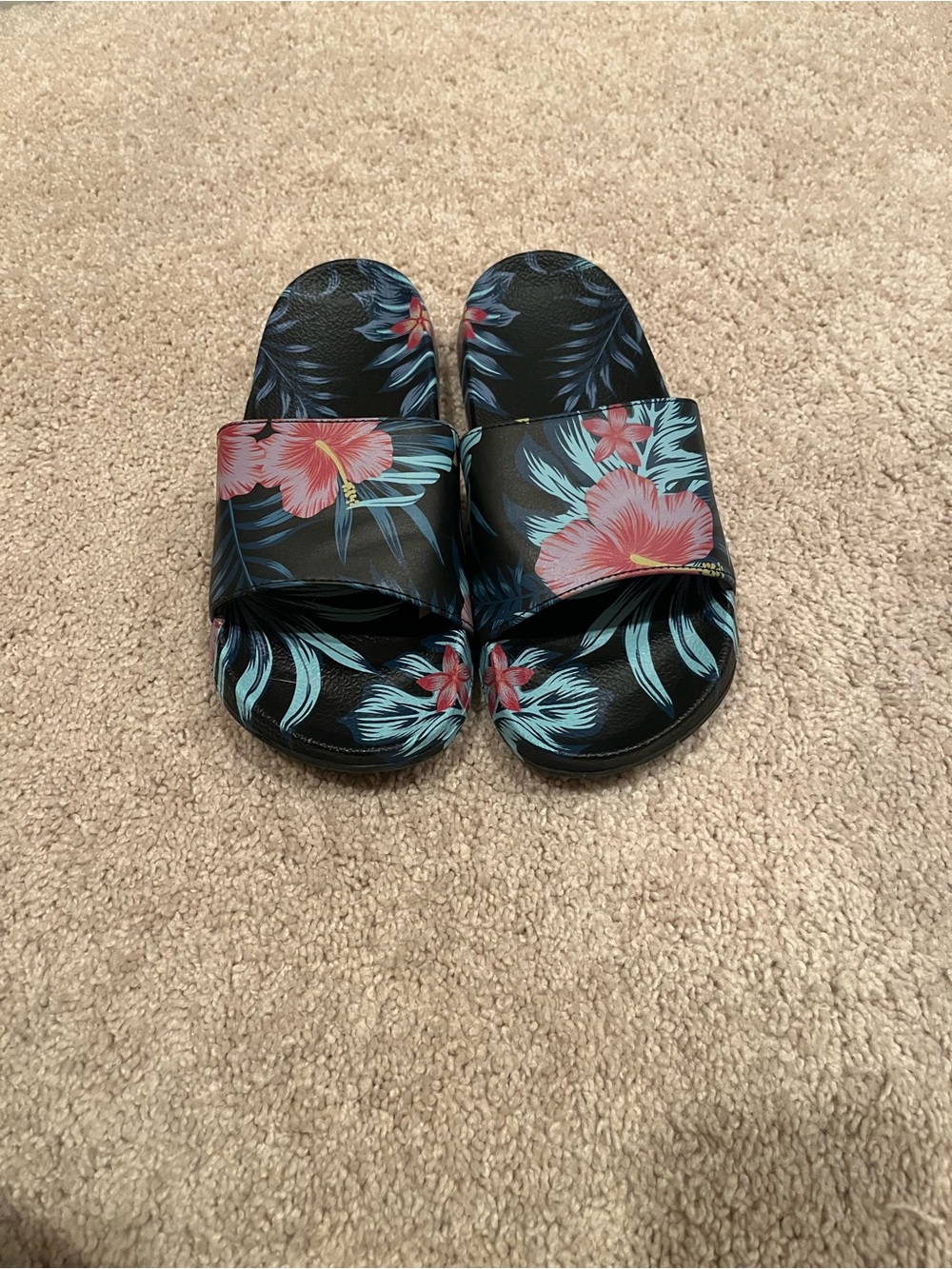 Floral Slide Sandals - Black with Pink & Teal Hibiscus Print